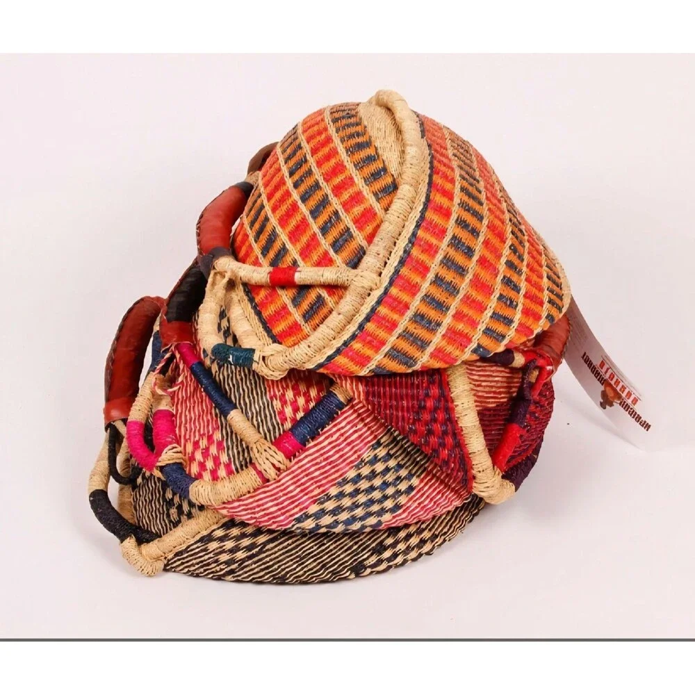 Large‎ Hand Woven Natural African Market Basket Leather Handle 16” Reshapeable